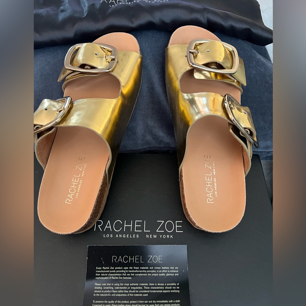 Rachel Zoe Philly Metallic Gold Slide Sandals with Double Buckles